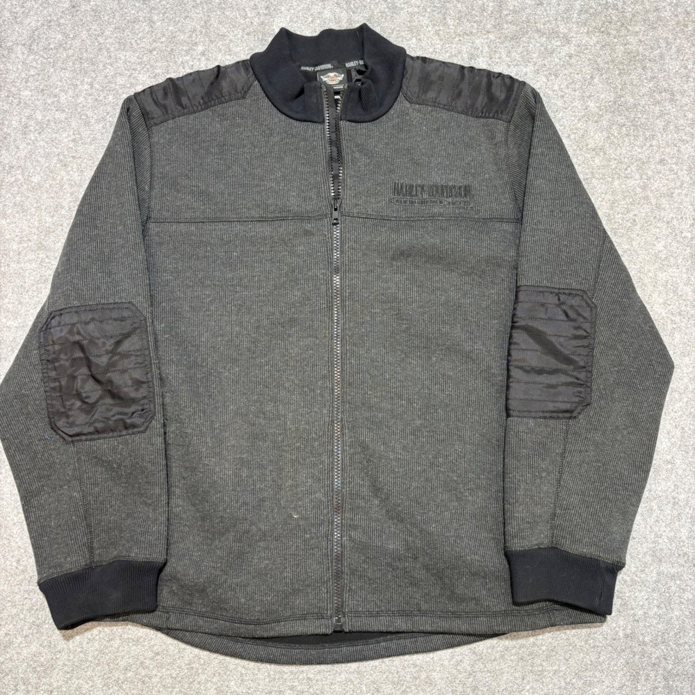 Harley Davidson Mens 2XL Full Zip Ribbed Knit Jacket Gray Moto Elbow Patches